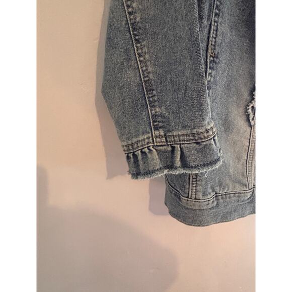 Logo Lori Goldstein Jean Jacket 3/4 Sleeve Raw Hem Distressed Ruffled Size 2 XS - Picture 6 of 7